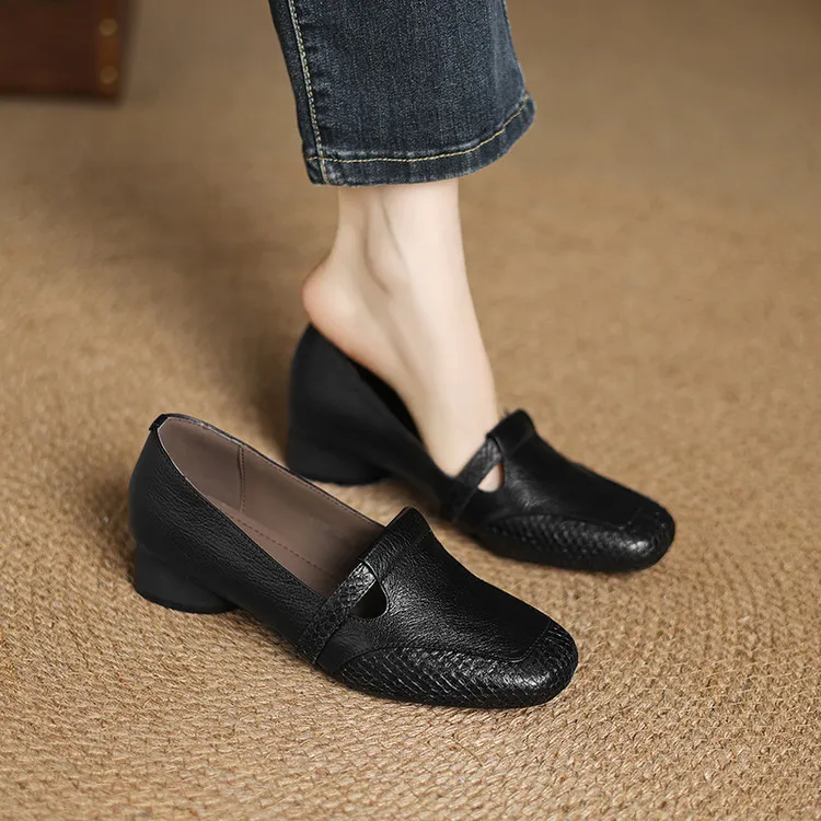 Spring/Summer Square Toe Flats, Chunky Heel, Soft Leather, Comfortable Women's Shoes, 5-26a