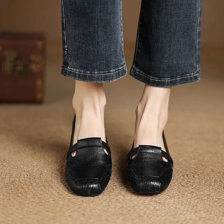 Spring/Summer Square Toe Flats, Chunky Heel, Soft Leather, Comfortable Women's Shoes, 5-26a