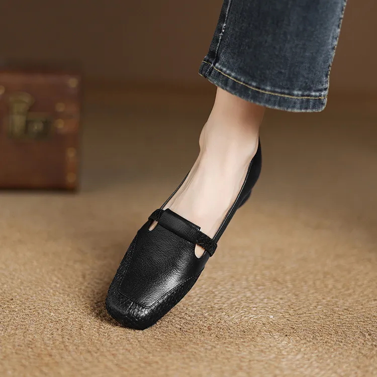 Spring/Summer Square Toe Flats, Chunky Heel, Soft Leather, Comfortable Women's Shoes, 5-26a