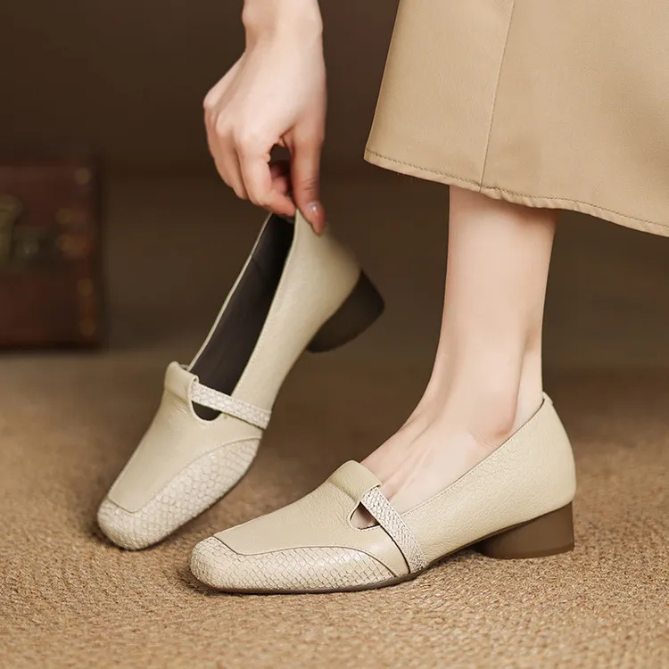 Spring/Summer Square Toe Flats, Chunky Heel, Soft Leather, Comfortable Women's Shoes, 5-26a