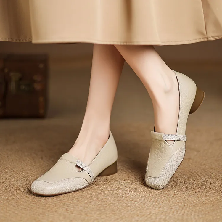 Spring/Summer Square Toe Flats, Chunky Heel, Soft Leather, Comfortable Women's Shoes, 5-26a