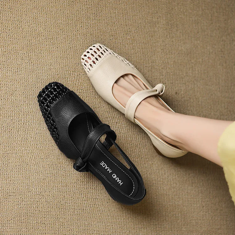 Our main product is a full leather 3cm mid-heel sheepskin fashion women's shoe, perfect for spring and summer. It features a hollowed-out design and a square toe with a chunky heel.
