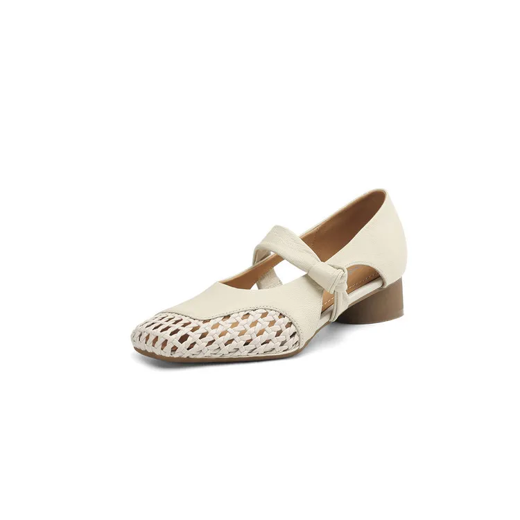Our main product is a full leather 3cm mid-heel sheepskin fashion women's shoe, perfect for spring and summer. It features a hollowed-out design and a square toe with a chunky heel.
