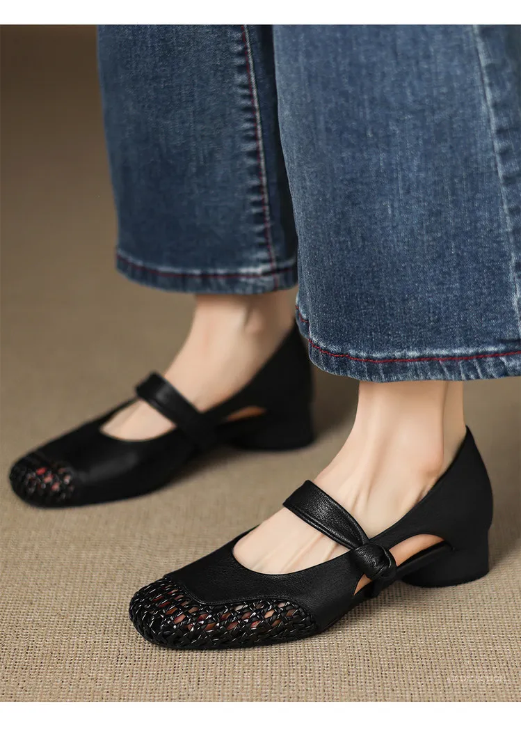 Our main product is a full leather 3cm mid-heel sheepskin fashion women's shoe, perfect for spring and summer. It features a hollowed-out design and a square toe with a chunky heel.