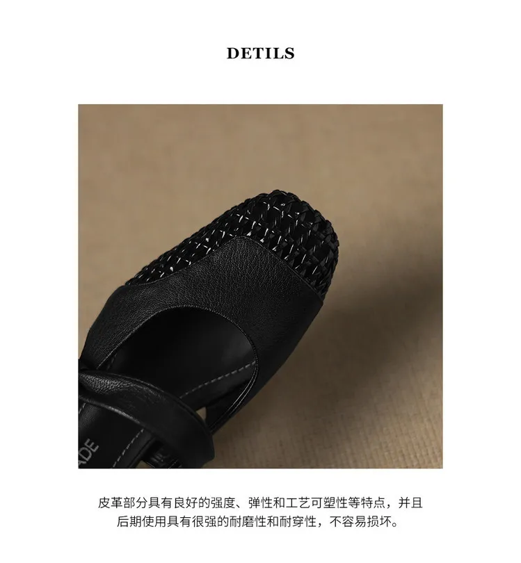Our main product is a full leather 3cm mid-heel sheepskin fashion women's shoe, perfect for spring and summer. It features a hollowed-out design and a square toe with a chunky heel.