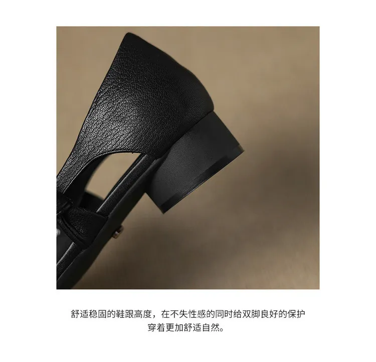 Our main product is a full leather 3cm mid-heel sheepskin fashion women's shoe, perfect for spring and summer. It features a hollowed-out design and a square toe with a chunky heel.