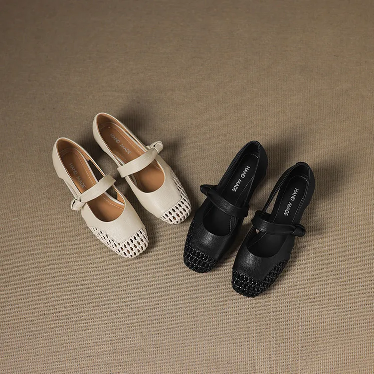 Our main product is a full leather 3cm mid-heel sheepskin fashion women's shoe, perfect for spring and summer. It features a hollowed-out design and a square toe with a chunky heel.