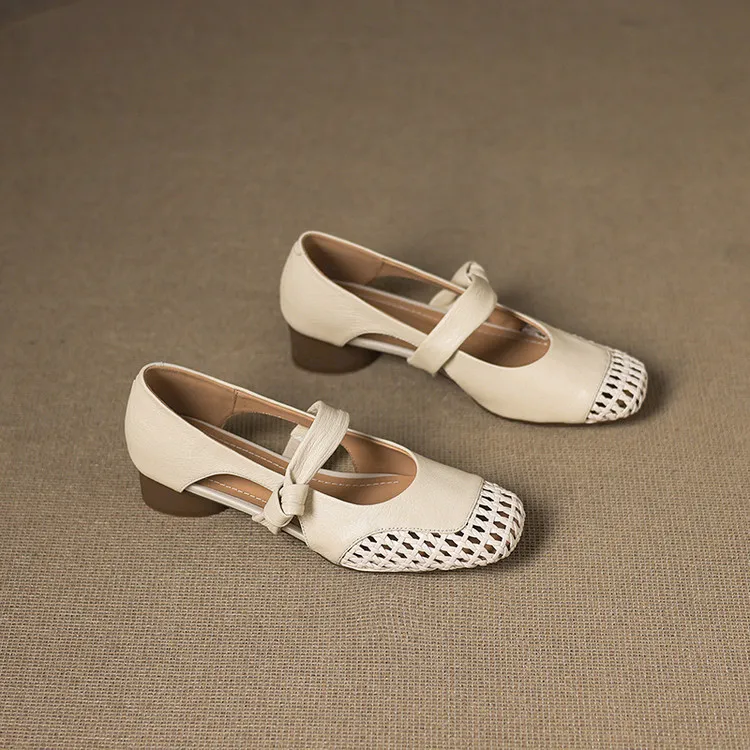 Our main product is a full leather 3cm mid-heel sheepskin fashion women's shoe, perfect for spring and summer. It features a hollowed-out design and a square toe with a chunky heel.