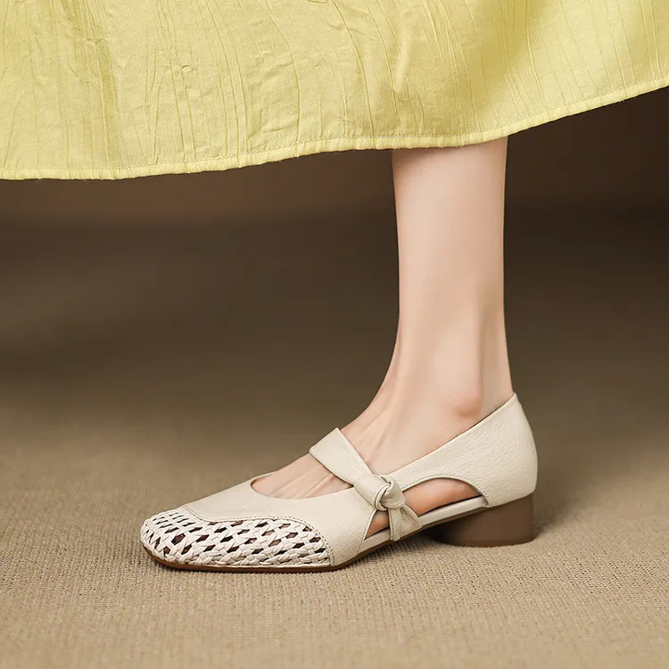 Our main product is a full leather 3cm mid-heel sheepskin fashion women's shoe, perfect for spring and summer. It features a hollowed-out design and a square toe with a chunky heel.