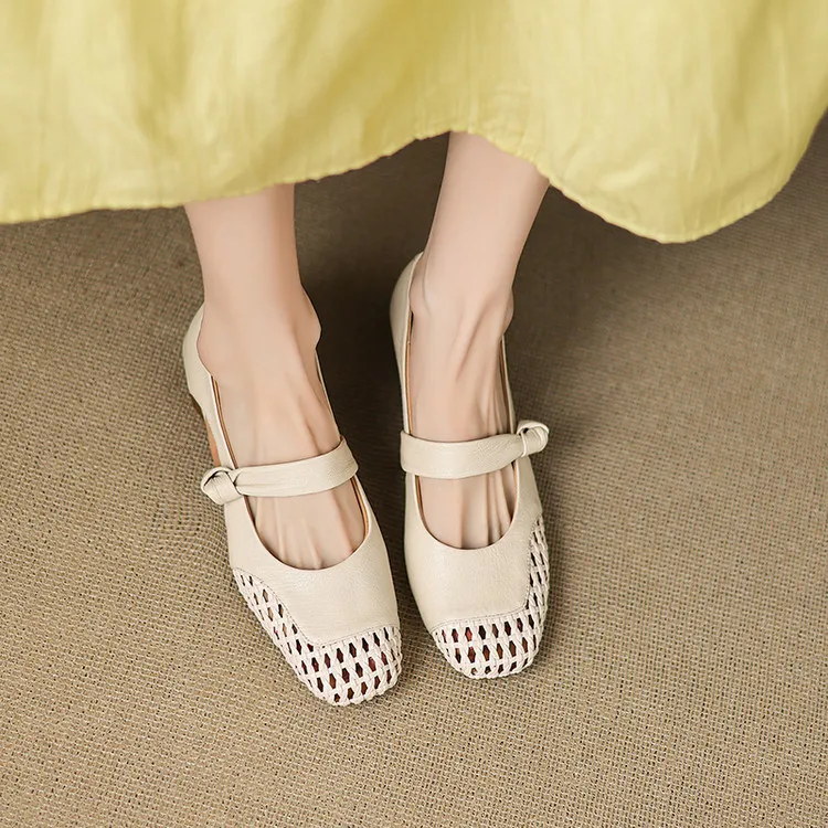 Our main product is a full leather 3cm mid-heel sheepskin fashion women's shoe, perfect for spring and summer. It features a hollowed-out design and a square toe with a chunky heel.