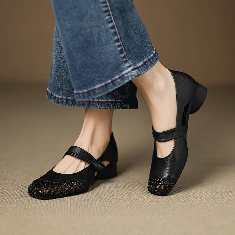 Our main product is a full leather 3cm mid-heel sheepskin fashion women's shoe, perfect for spring and summer. It features a hollowed-out design and a square toe with a chunky heel.