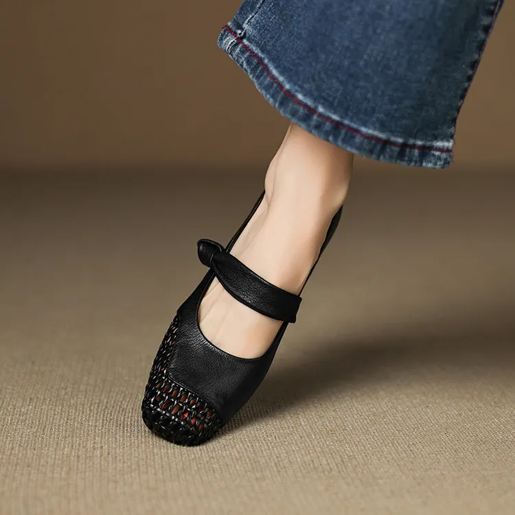 Our main product is a full leather 3cm mid-heel sheepskin fashion women's shoe, perfect for spring and summer. It features a hollowed-out design and a square toe with a chunky heel.