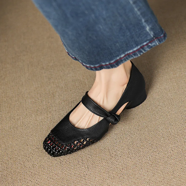 Our main product is a full leather 3cm mid-heel sheepskin fashion women's shoe, perfect for spring and summer. It features a hollowed-out design and a square toe with a chunky heel.