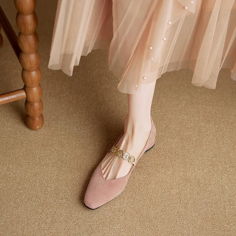 2.5cm ultra-comfortable low-heeled suede square-toe Mary Jane shoes, spring style.