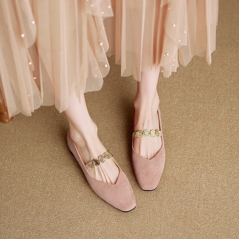 2.5cm ultra-comfortable low-heeled suede square-toe Mary Jane shoes, spring style.