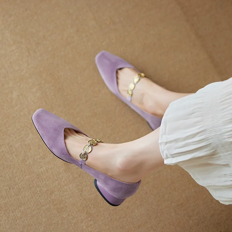 2.5cm ultra-comfortable low-heeled suede square-toe Mary Jane shoes, spring style.