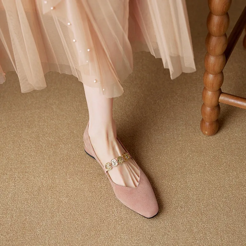 2.5cm ultra-comfortable low-heeled suede square-toe Mary Jane shoes, spring style.