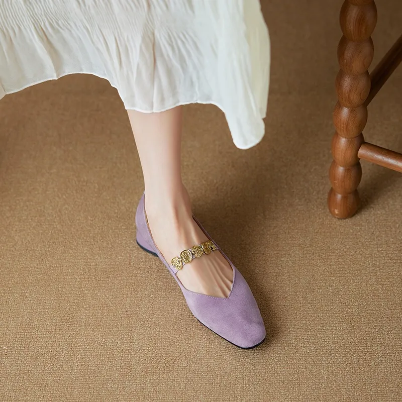 2.5cm ultra-comfortable low-heeled suede square-toe Mary Jane shoes, spring style.