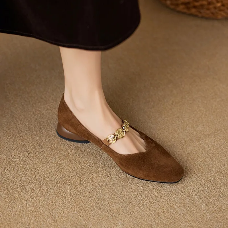 2.5cm ultra-comfortable low-heeled suede square-toe Mary Jane shoes, spring style.
