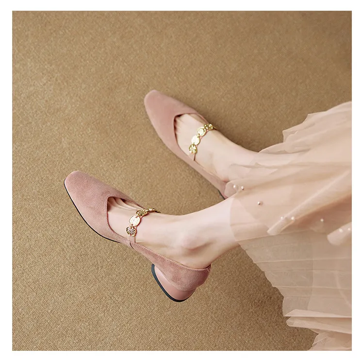 2.5cm ultra-comfortable low-heeled suede square-toe Mary Jane shoes, spring style.