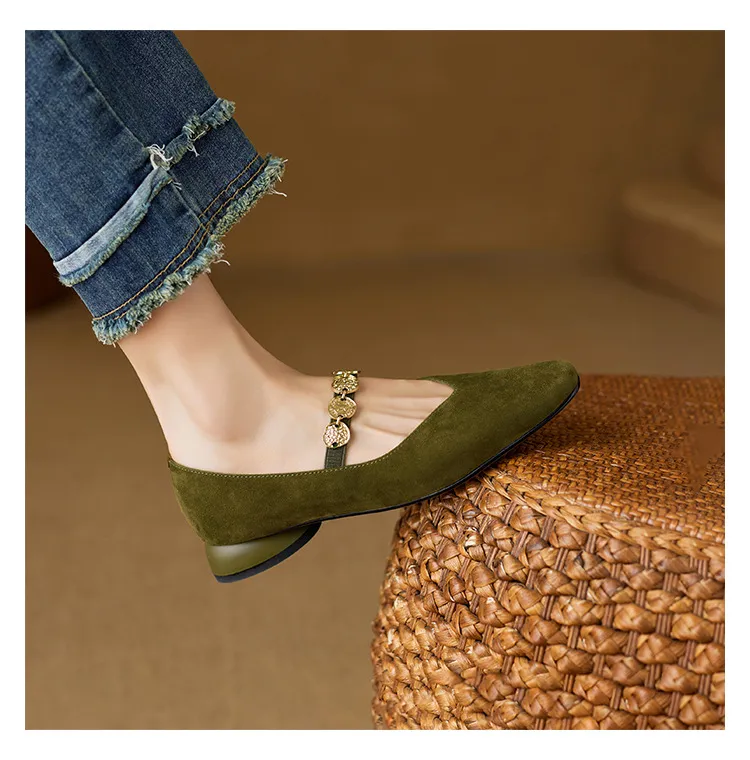 2.5cm ultra-comfortable low-heeled suede square-toe Mary Jane shoes, spring style.