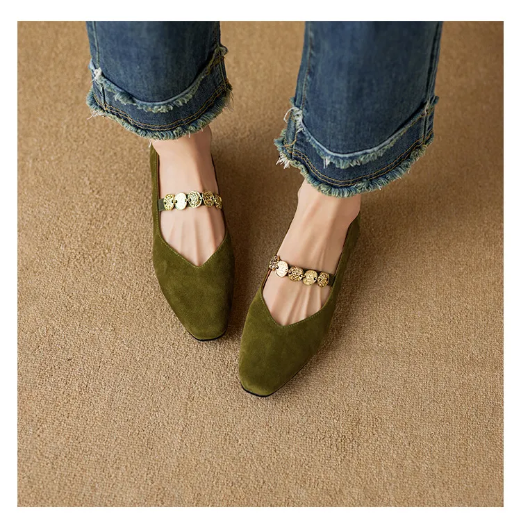 2.5cm ultra-comfortable low-heeled suede square-toe Mary Jane shoes, spring style.