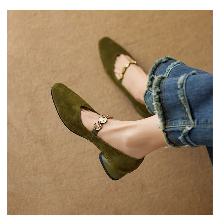 2.5cm ultra-comfortable low-heeled suede square-toe Mary Jane shoes, spring style.