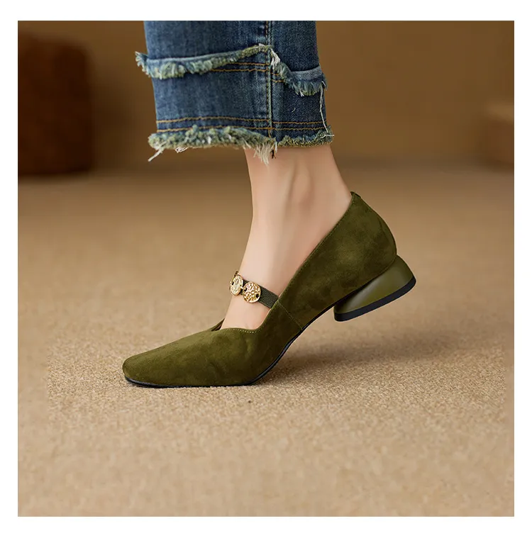 2.5cm ultra-comfortable low-heeled suede square-toe Mary Jane shoes, spring style.