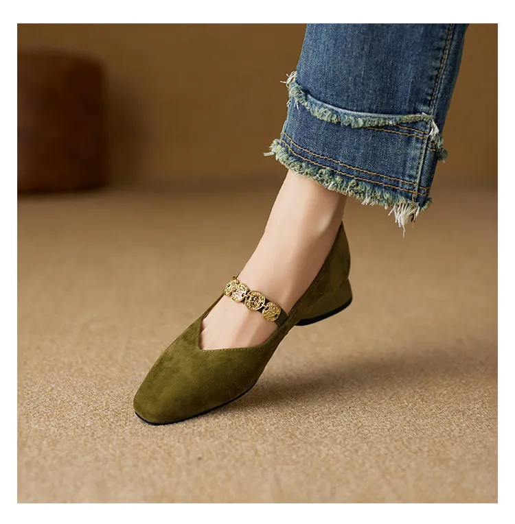 2.5cm ultra-comfortable low-heeled suede square-toe Mary Jane shoes, spring style.