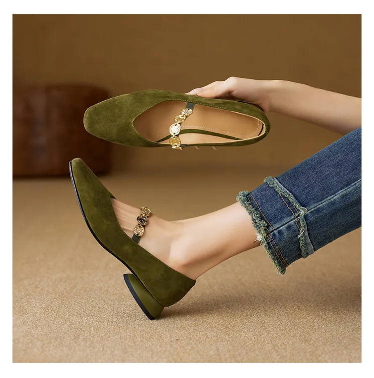 2.5cm ultra-comfortable low-heeled suede square-toe Mary Jane shoes, spring style.