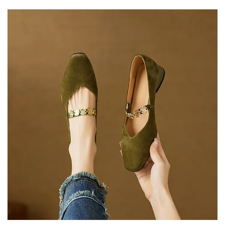 2.5cm ultra-comfortable low-heeled suede square-toe Mary Jane shoes, spring style.