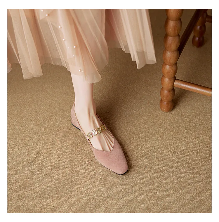 2.5cm ultra-comfortable low-heeled suede square-toe Mary Jane shoes, spring style.
