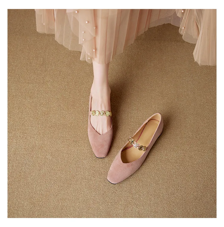 2.5cm ultra-comfortable low-heeled suede square-toe Mary Jane shoes, spring style.