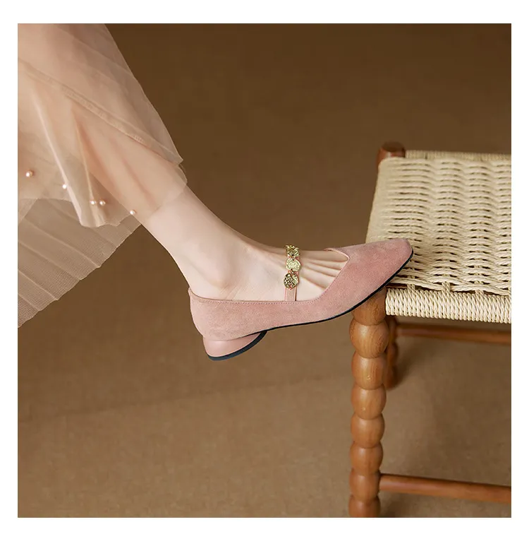 2.5cm ultra-comfortable low-heeled suede square-toe Mary Jane shoes, spring style.