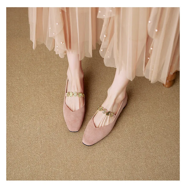 2.5cm ultra-comfortable low-heeled suede square-toe Mary Jane shoes, spring style.