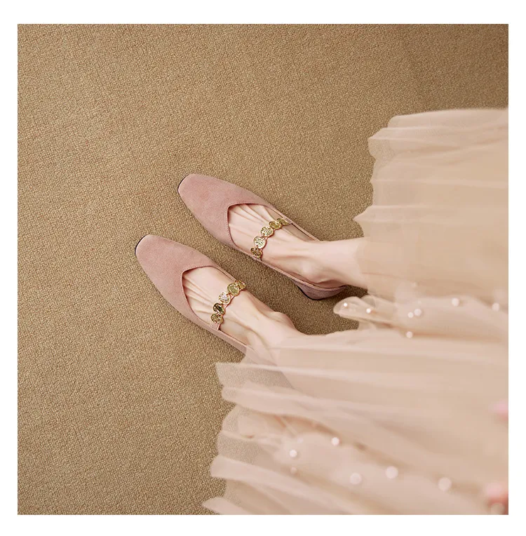 2.5cm ultra-comfortable low-heeled suede square-toe Mary Jane shoes, spring style.