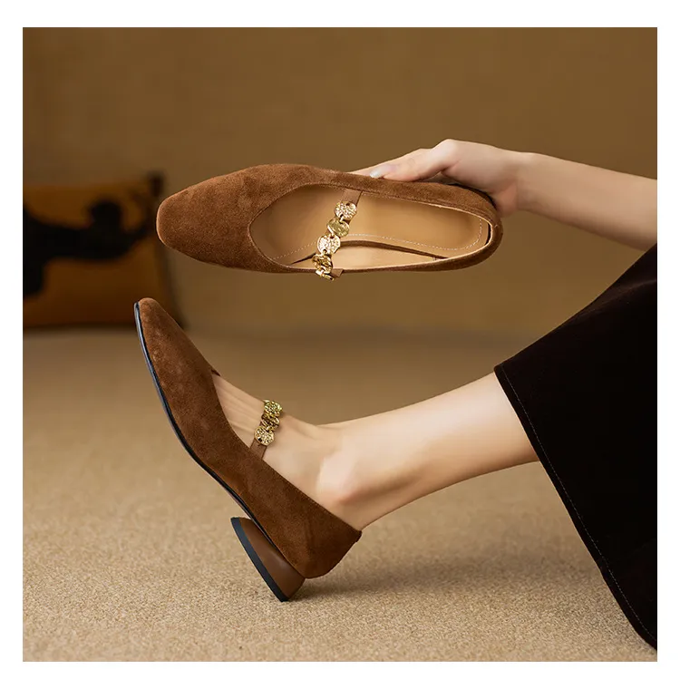 2.5cm ultra-comfortable low-heeled suede square-toe Mary Jane shoes, spring style.