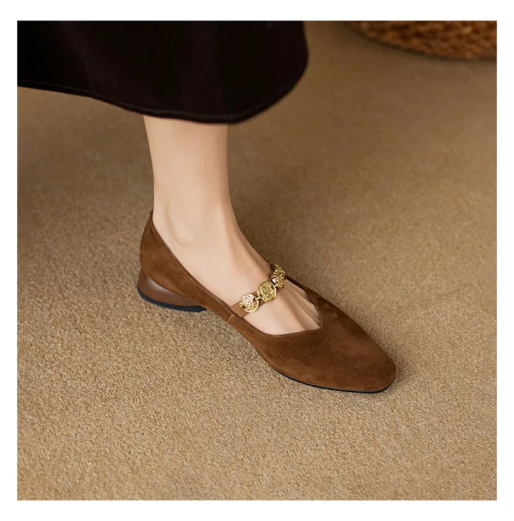 2.5cm ultra-comfortable low-heeled suede square-toe Mary Jane shoes, spring style.