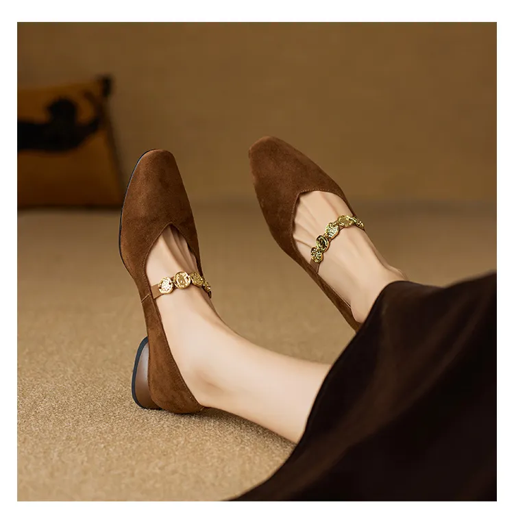 2.5cm ultra-comfortable low-heeled suede square-toe Mary Jane shoes, spring style.