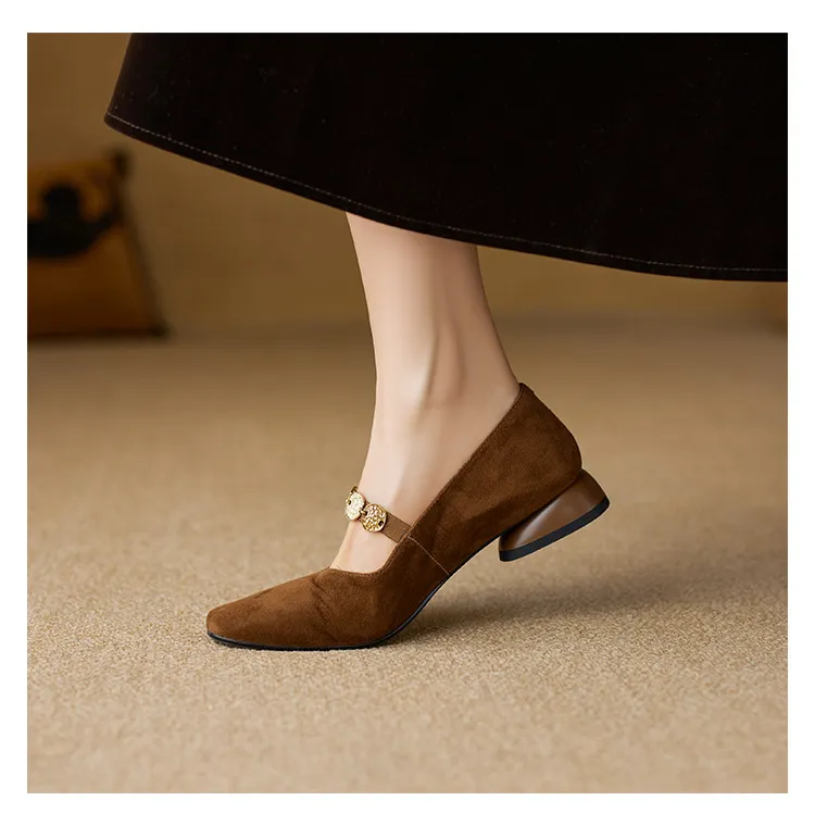 2.5cm ultra-comfortable low-heeled suede square-toe Mary Jane shoes, spring style.