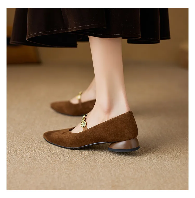 2.5cm ultra-comfortable low-heeled suede square-toe Mary Jane shoes, spring style.