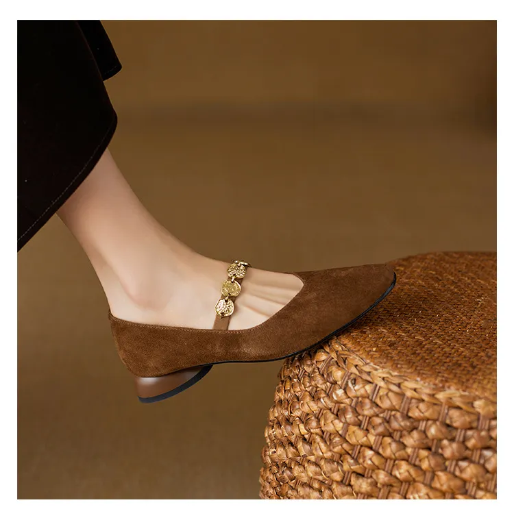 2.5cm ultra-comfortable low-heeled suede square-toe Mary Jane shoes, spring style.