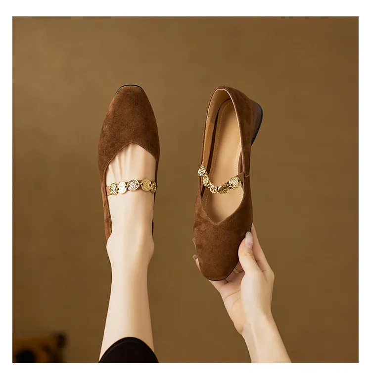 2.5cm ultra-comfortable low-heeled suede square-toe Mary Jane shoes, spring style.