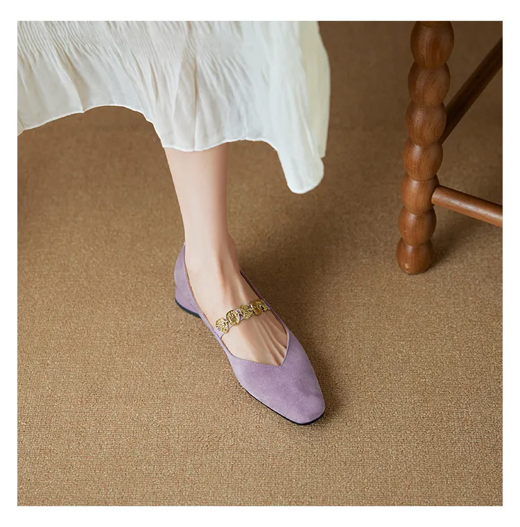 2.5cm ultra-comfortable low-heeled suede square-toe Mary Jane shoes, spring style.