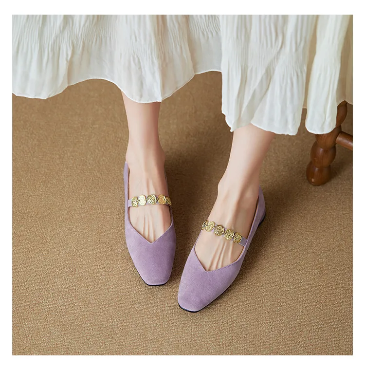 2.5cm ultra-comfortable low-heeled suede square-toe Mary Jane shoes, spring style.
