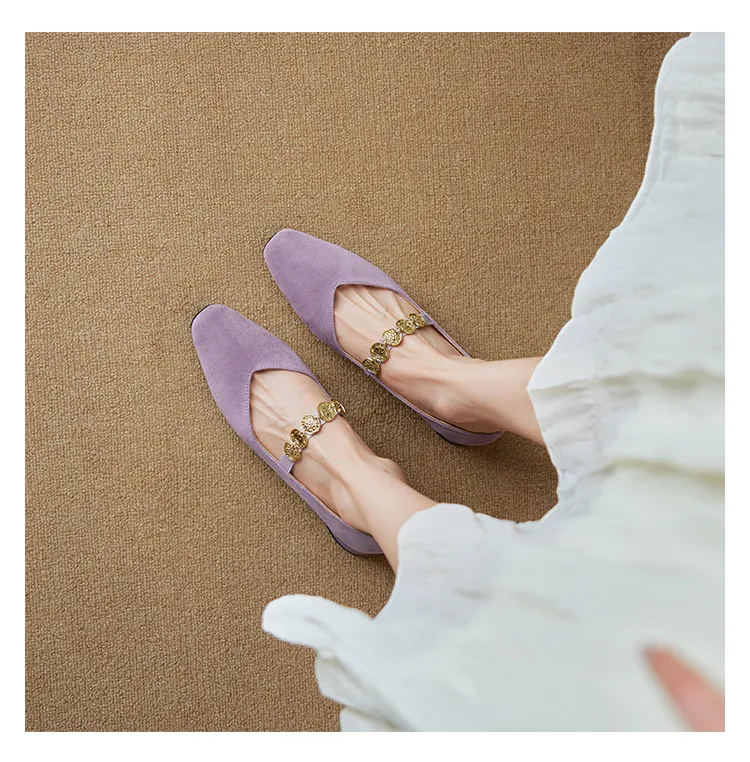 2.5cm ultra-comfortable low-heeled suede square-toe Mary Jane shoes, spring style.