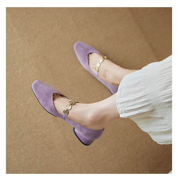 2.5cm ultra-comfortable low-heeled suede square-toe Mary Jane shoes, spring style.