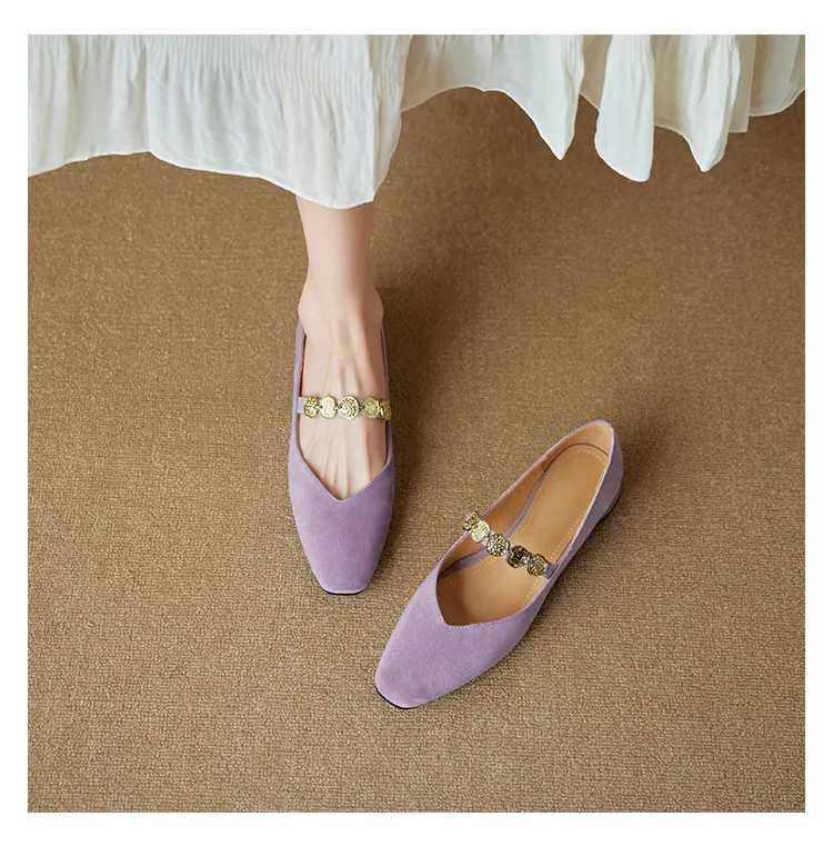 2.5cm ultra-comfortable low-heeled suede square-toe Mary Jane shoes, spring style.