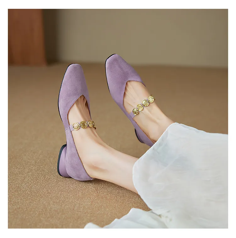 2.5cm ultra-comfortable low-heeled suede square-toe Mary Jane shoes, spring style.