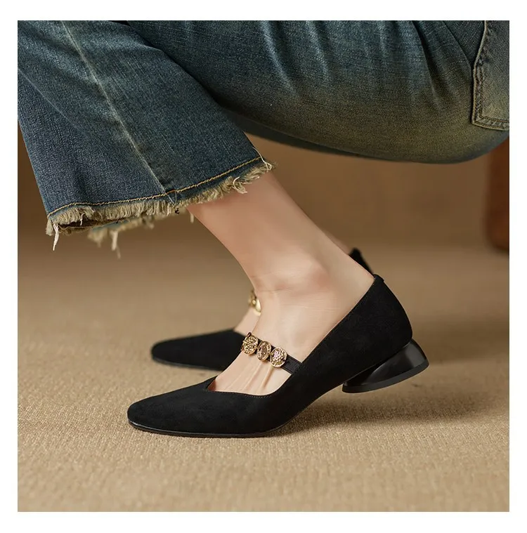 2.5cm ultra-comfortable low-heeled suede square-toe Mary Jane shoes, spring style.